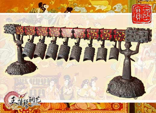 8件古編鐘，銅人銅座裝飾，可發(fā)音